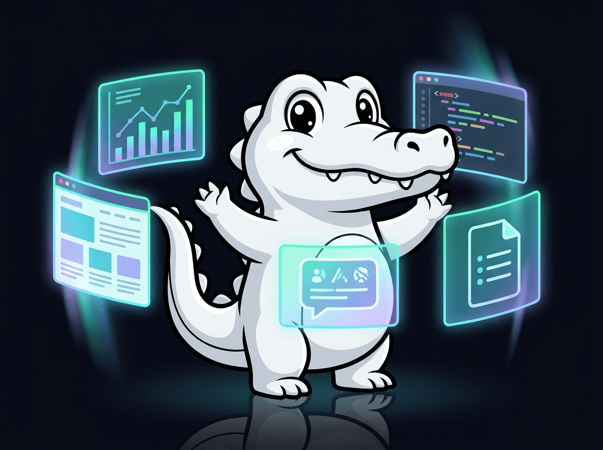 The Brocco croc orchestrating websites, content, outreach, research, and code at once