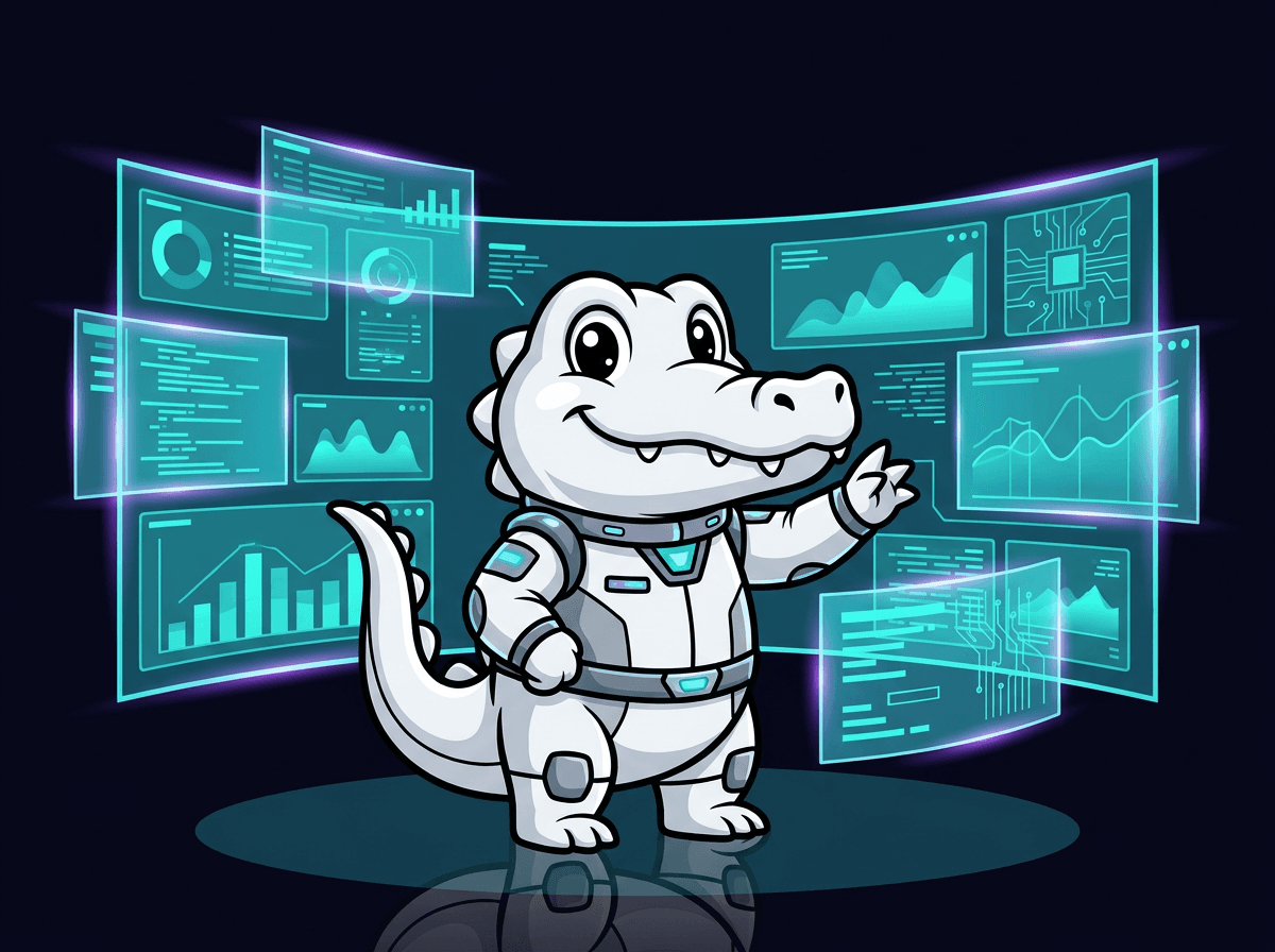 The Brocco croc commanding a mission control dashboard of every venture, dollar, and meeting