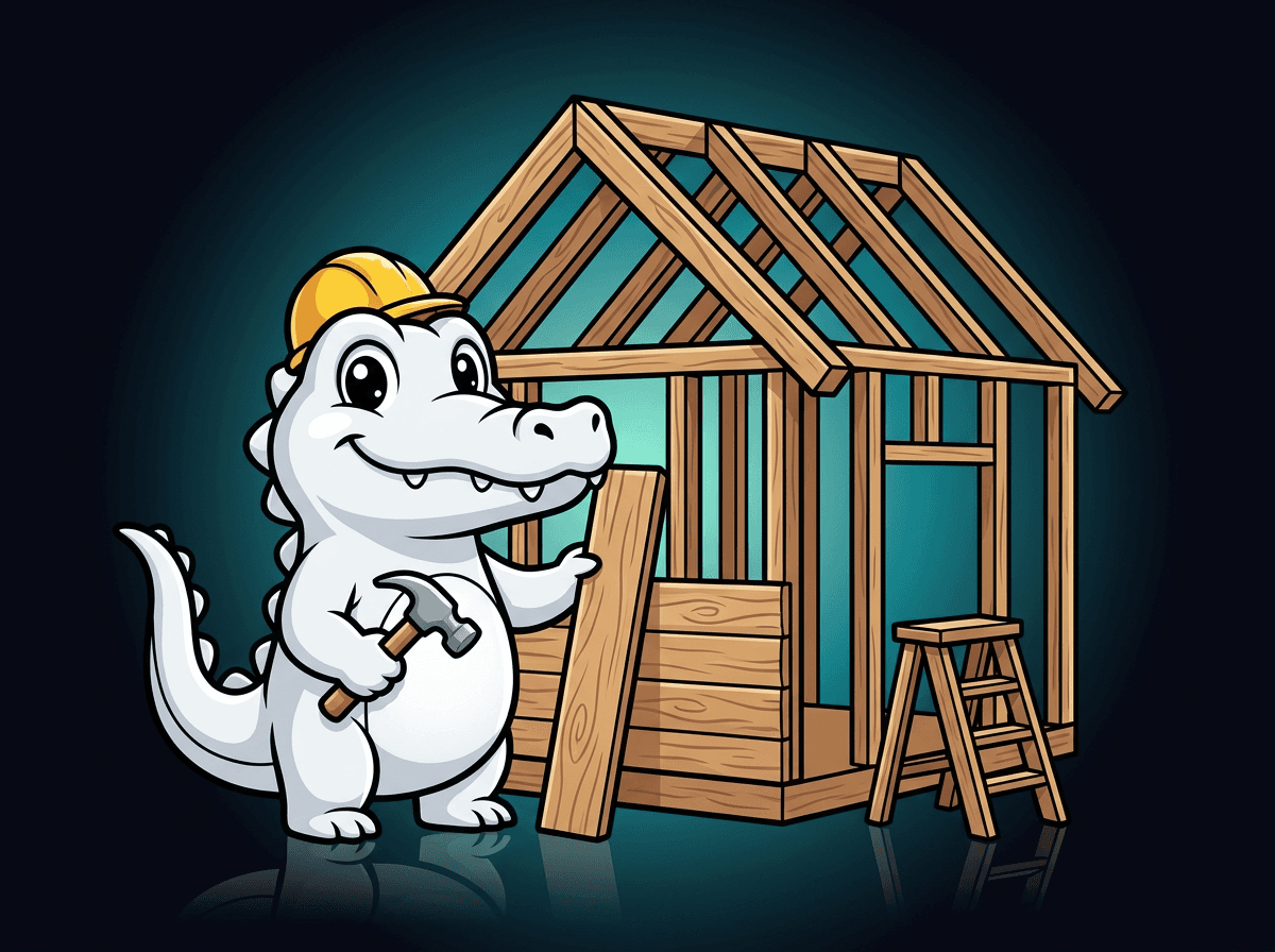The Brocco croc, in a hard hat, building a house frame: your AI team doing the real estate work